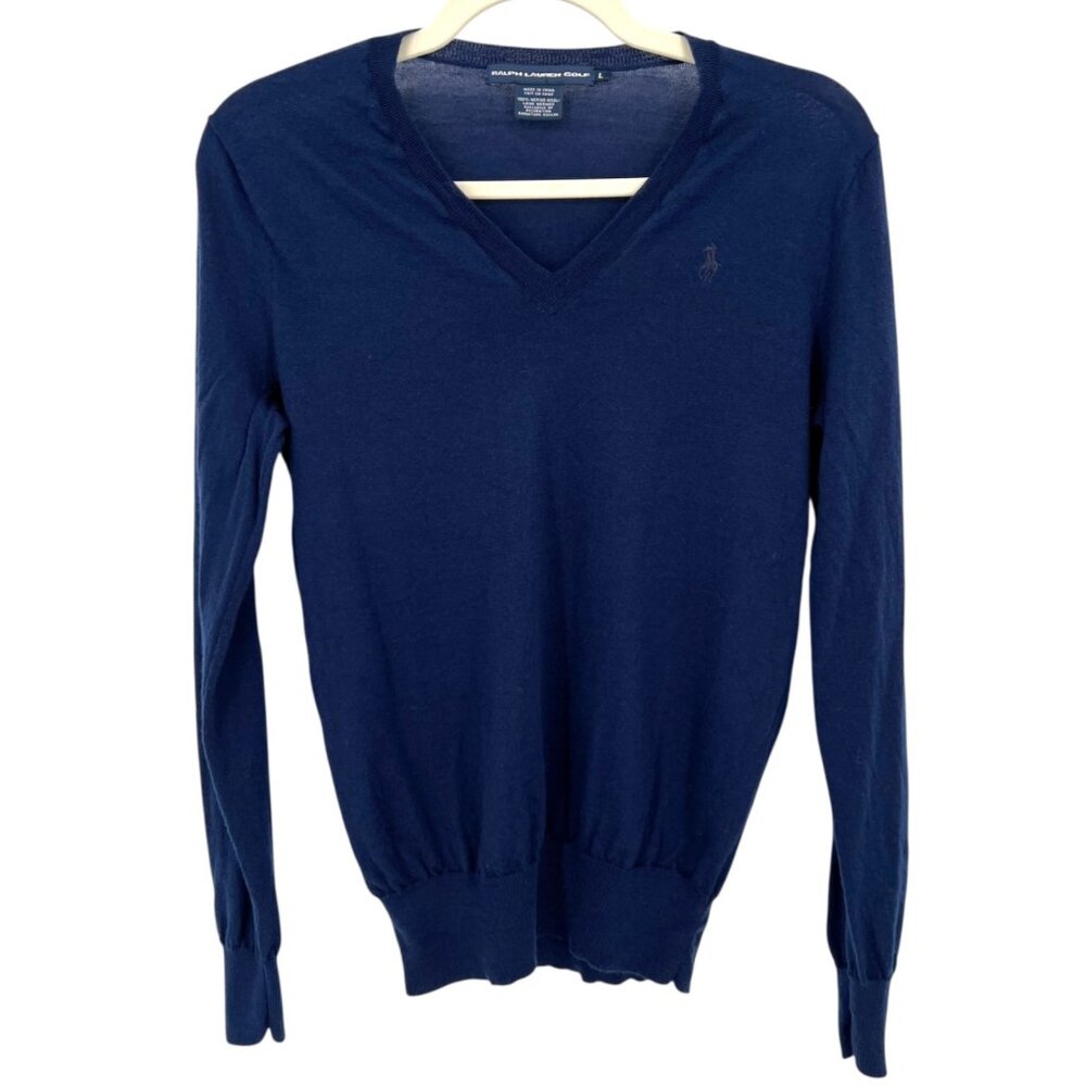 Ralph Lauren Golf Mens Merino Wool V-Neck Sweater Navy Blue Size Large